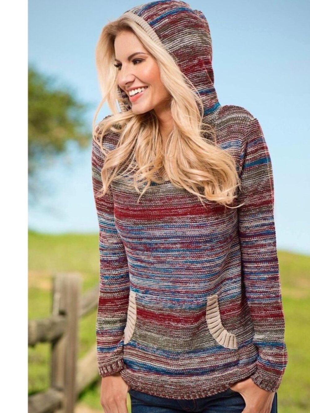 Venus Hooded Knit Striped Pullover Sweater w/kangaroo pouch Size Medium
